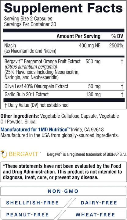 1MD Nutrition CholestMD with Olive Leaf Extract, Bergavit, Niacin, Garlic | 120 Capsules (2-Pack)