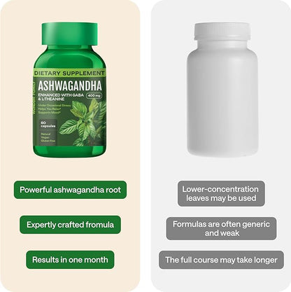Ashwagandha, GABA, L-Theanine Supplement Complex – Ashwagandha Supplements for Sleep, Mood, Bodily Comfort – Ashwa 400mg, L Theanine 100 mg, 2.5X GABA 100mg – 60 Capsules
