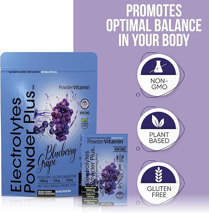 Electrolytes Powder Plus, Keto, Blueberry Grape, Sugar Free, Pink Himalayan Salt, 1000mg Potassium, 120mg Calcium, 120mg Magnesium, Non-GMO, Zero Calories, (16 Hydration Packets)