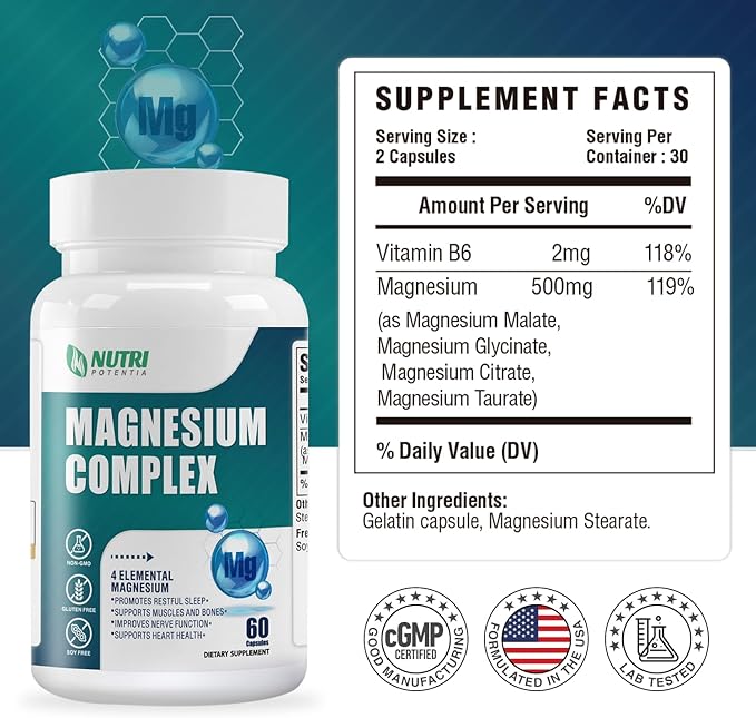 Magnesium Breakthrough Complex Supplement 500 mg- High Absorption Magnesium, Magnesium Glycinate, Citrate, Malate, Taurate with B6 - Bone, Heart, Muscle & Nervous System Support - 60 Capsules