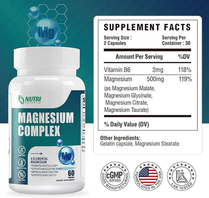 Magnesium Breakthrough Complex Supplement 500 mg- High Absorption Magnesium, Magnesium Glycinate, Citrate, Malate, Taurate with B6 - Bone, Heart, Muscle & Nervous System Support - 60 Capsules
