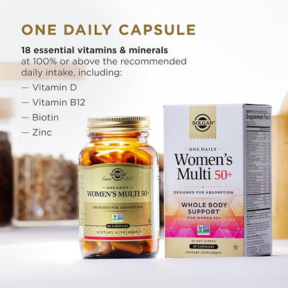 Solgar One Daily Women's Multi 50+ Whole Body Support for Women 50 and Older - Highly Absorbable Heart, Bone & Breast Health, Energy, Stress, Hair Skin & Nails Multivitamin, 60 Vegan Capsule Servings