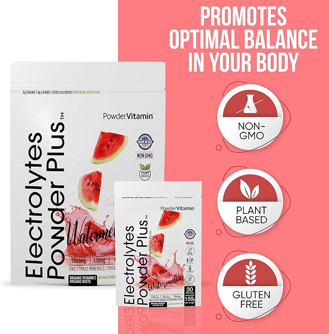 Electrolytes Powder Plus, Keto, Watermelon, Sugar Free, Pink Himalayan Salt, 1000mg Potassium, 120mg Calcium, 120mg Magnesium, Non-GMO, Zero Calories, (16 Hydration Packets)