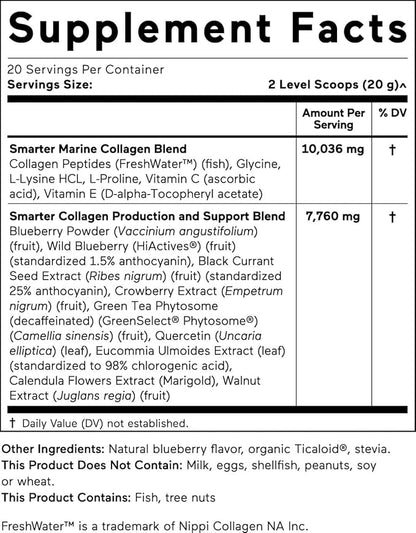 Smarter Nutrition Marine Collagen - Type 1 & 3 Peptides with Herbal Antioxidants for Skin and Hair Health - Vitamin E & C, Green Tea, Berry Powder, Quercetin - (20 Servings (Pack of 1))