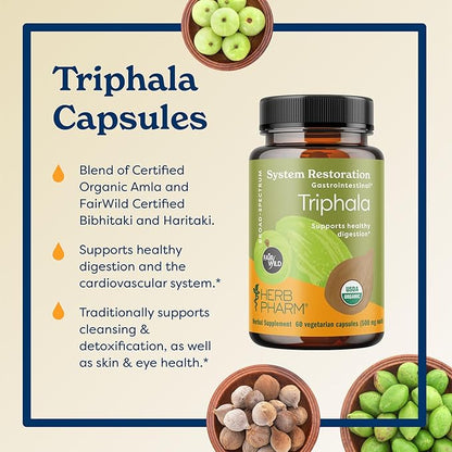 Herb Pharm USDA Organic Triphala Capsules | Cleansing & Detoxification Support & Digestive Health Support With Amla, Haritaki & Bibhitaki, FAIRWILD® Certified | 60 Vegan Capsules, Up to 30 Day Supply*