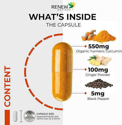Renew Actives Turmeric Curcumin 1000MG & 200MG Ginger per 2 Capsules - Potent Antioxidant with Bioperine & Black Pepper Blend for Digestive & Liver Health - Made in Canada - 60 Capsules
