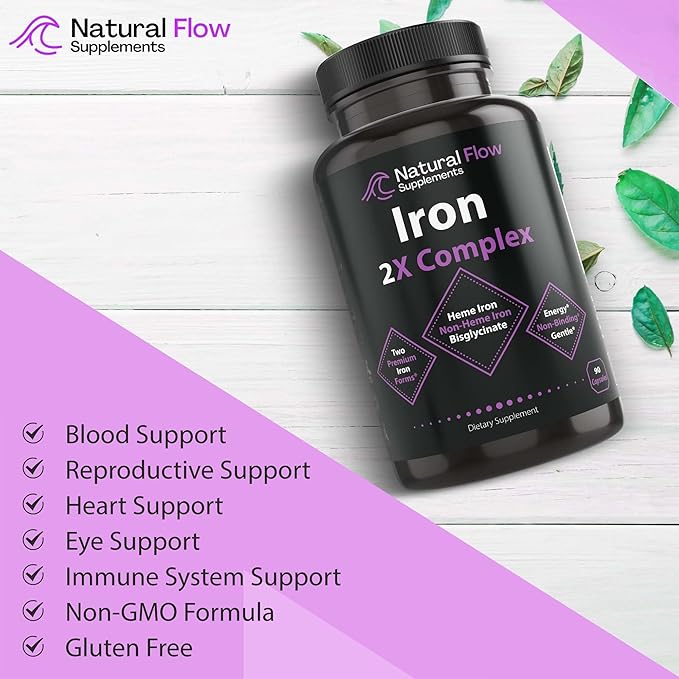 Iron Supplement 2-in-1 Complete Complex - Natural Flow 2X Heme and Chelated Non Heme Iron Bisglycinate, Folate, B and Vitamin C, for Anemia and Blood Building Support, Gentle on Stomach, 90 Caps