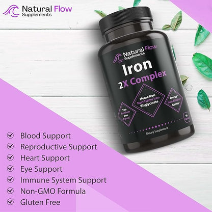 Iron Supplement 2-in-1 Complete Complex - Natural Flow 2X Heme and Chelated Non Heme Iron Bisglycinate, Folate, B and Vitamin C, for Anemia and Blood Building Support, Gentle on Stomach, 90 Caps