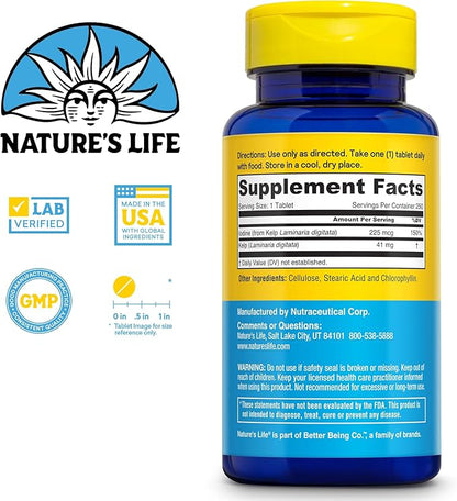 Nature's Life Icelandic Kelp 41 mg - Sea Kelp Iodine Supplement from Icelandic Seawater - Thyroid Support for Women and Men with 225mcg Natural Iodine - 60-Day Guarantee, 250 Servings, 250 Tablets