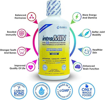 Drucker Labs - intraMIN Organic Liquid Minerals Supplement for Men, Women, Kids, Immune and Muscle Support, Non GMO, Gluten Free, Vegan, Electrolytes, Sugar Free (32 oz.,Unflavored)
