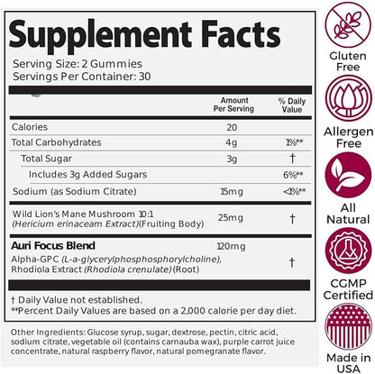 Auri Super Mushroom Focus Gummies - w/Lion's Mane, Alpha GPC & Rhodiola - Mushrooom Supplement to Support Cognitive Function, Mental Clarity, Focus & Energy | 60 Gummies, Vegan Friendly, Non GMOs