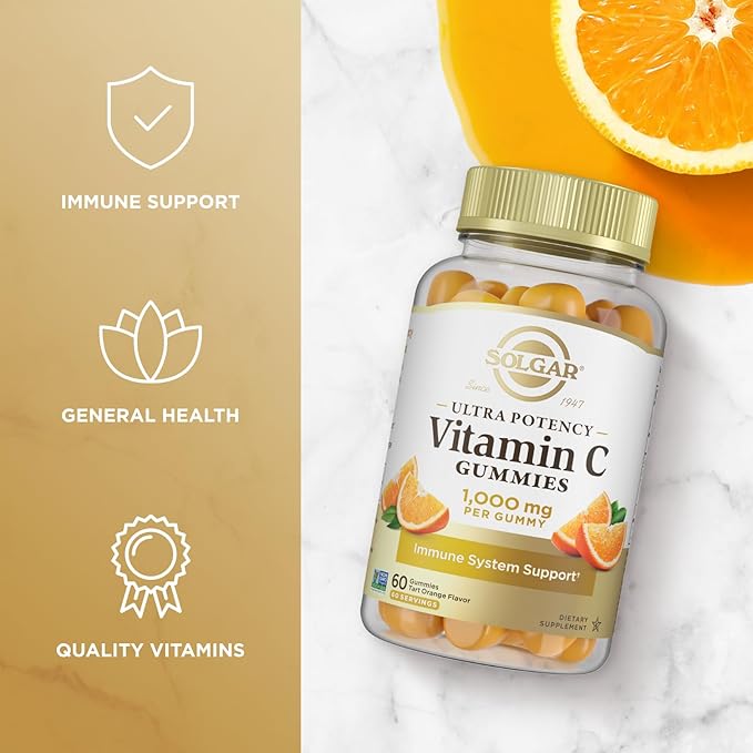 Solgar Vitamin C Gummies for Adults 1,000mg Ultra Potency Vitamin C Immune System Support for Women & Men - Tasty Tart Orange Flavor, Vegan & Gluten-Free Gummy, 2 Month Supply, 60 Servings, 2g Sugar