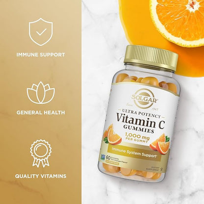 Solgar Vitamin C Gummies for Adults 1,000mg Ultra Potency Vitamin C Immune System Support for Women & Men - Tasty Tart Orange Flavor, Vegan & Gluten-Free Gummy, 2 Month Supply, 60 Servings, 2g Sugar