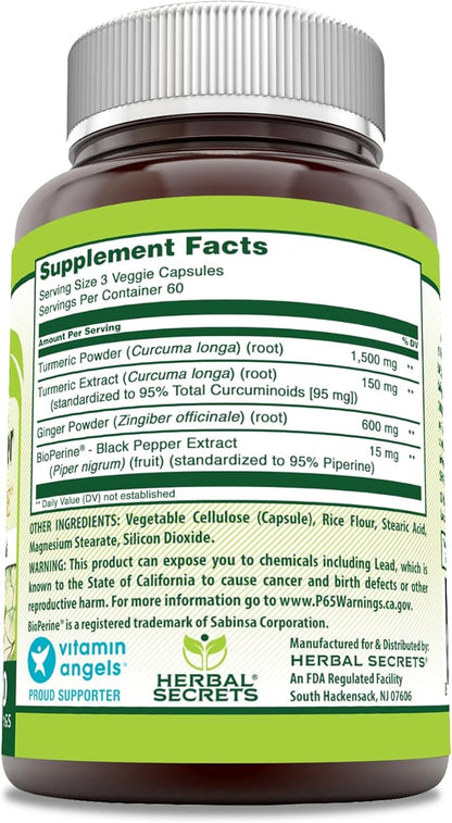 Herbal Secrets Turmeric Curcumin & Ginger with BioPerine Supplement | 2,250 Mg Per Serving | 180 Capsules | Non-GMO | Gluten Free | Made in USA