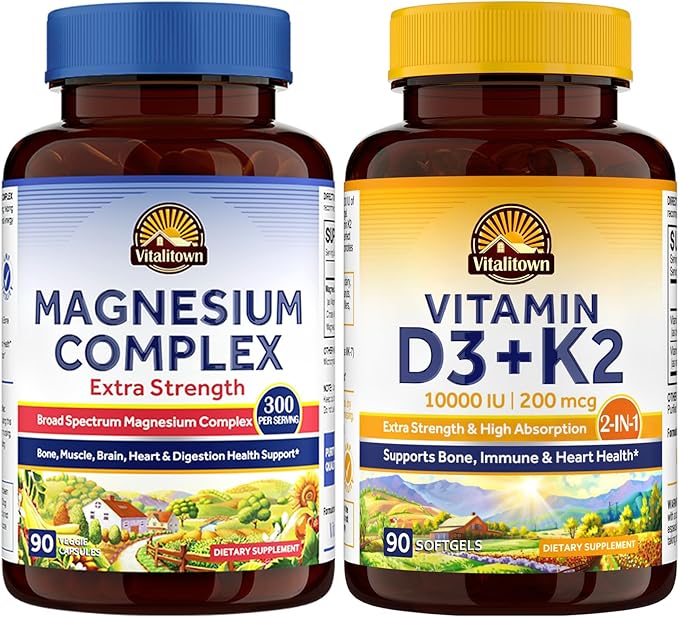 Vitalitown Magnesium Complex and Vitamin D3 K2 Bundle (Pack of 2) | Magnesium 5-in-1 Complex (Item 1) & Vitamin D3 K2 Supplement (Item 2) | 90 Capsules + 90 Softgels