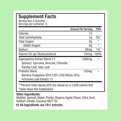 Plant People WonderGreens Veggie Gummies Super Greens with Probiotics Multivitamin Support Gummy for Wellbeing, Energy, Immune and Gut Health, Green Apple Flavor (Trial Size, 10 Count)