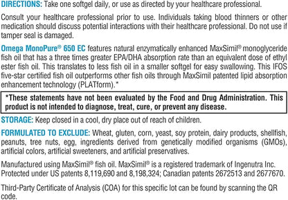 XYMOGEN Omega MonoPure 650 EC - Omega-3 Fish Oil Supplements for Women & Men - with EPA, DHA & DPA - Smaller Softgels with 3X Greater Absorption - Support a Healthy Heart & Cognition (60 Softgels)