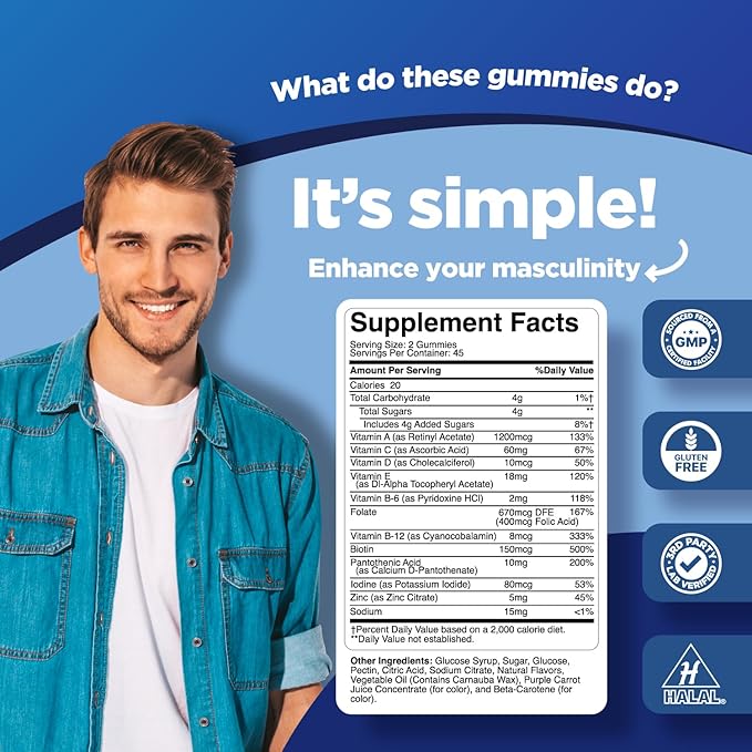 Natural Multivitamin for Men Gummies with Zinc - Vitamin D C A & Biotin B6 B12 Full Health Supplement