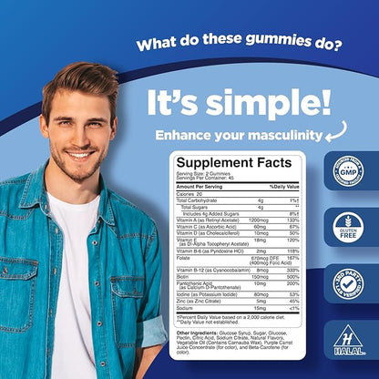 Natural Multivitamin for Men Gummies with Zinc - Vitamin D C A & Biotin B6 B12 Full Health Supplement