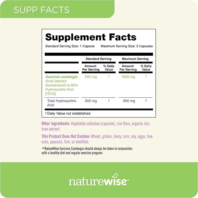 Naturewise Garcinia Cambogia - 60% HCA Concentration Extract, Natural Support for Weight Goals and Energy Levels - Vegan, Non-GMO, Gluten Free - 90 Capsules[1-3 Month Supply]