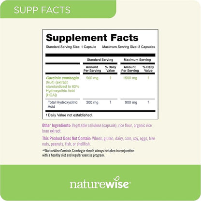 Naturewise Garcinia Cambogia - 60% HCA Concentration Extract, Natural Support for Weight Goals and Energy Levels - Vegan, Non-GMO, Gluten Free - 90 Capsules[1-3 Month Supply]