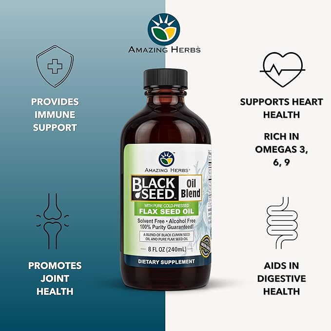 Amazing Herbs Cold-Pressed Black Seed and Flax Seed Oil Blend - Gluten-Free, Non-GMO, High in Omega 3, 6, & 9, Supports Joint, Brain, and Heart Function - 8 Fl Oz