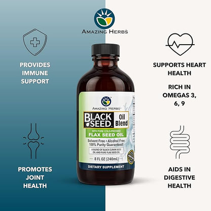 Amazing Herbs Cold-Pressed Black Seed and Flax Seed Oil Blend - Gluten-Free, Non-GMO, High in Omega 3, 6, & 9, Supports Joint, Brain, and Heart Function - 8 Fl Oz