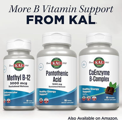 KAL Pantothenic Acid 1000mg, Sustained Release Vitamin B5 - Energy Supplements - Supports Metabolism of Carbs, Fat and Protein, Hair and Skin Health, Vegan, 60-Day Guarantee, 100 Servings, 100 Tablets