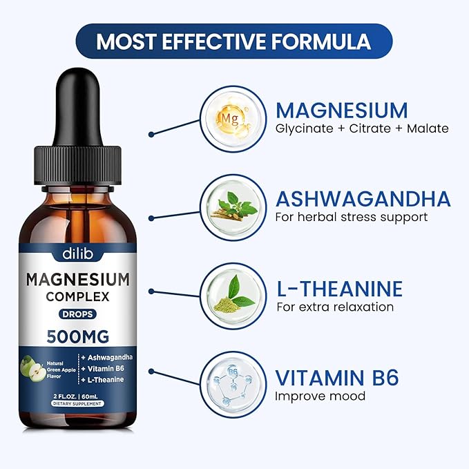 Triple Magnesium Complex Supplement-Magnesium Glycinate, Citrate, Malate Liquid Drops 500mg with Ashwagandha, L-Theanine, B6 for Calm, Stress Relief, Sleep, Muscle Support-Green Apple Flavor
