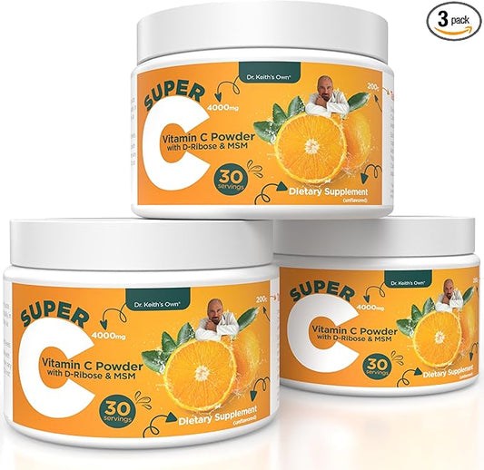 Dr. Keith's Own Super C - High Dose 4000mg Buffered Vitamin C Powder with D-Ribose, Glycine, MSM - Highly Absorbable, Stomach-Friendly, Daily Immune Support - Unflavored, 200 Grams Each (3 Pack)