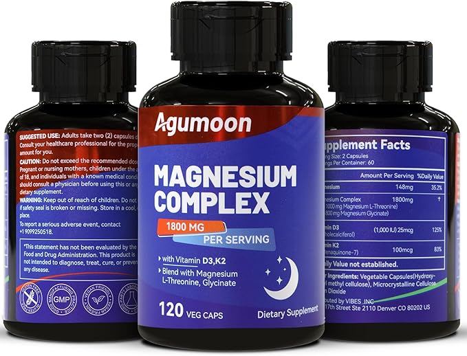 Magnesium Supplement with Vitamin D3 K2- Chelated Magnesium Complex 1800mg - Magnesium L-Threonine & Glycinate -120 Capsules
