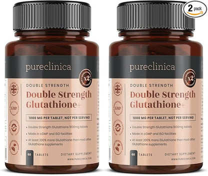 pureclinica Double Strength Glutathione 500mg x 60 Tablets - 2 Bottles (120 Tablets). 500mg Reduced Glutathione, 300mg Vitamin C, 200mg Alpha Lipoic Acid. 200% Stronger Than Regular Glutathione.