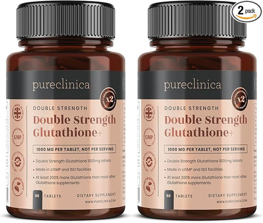 pureclinica Double Strength Glutathione 500mg x 60 Tablets - 2 Bottles (120 Tablets). 500mg Reduced Glutathione, 300mg Vitamin C, 200mg Alpha Lipoic Acid. 200% Stronger Than Regular Glutathione.