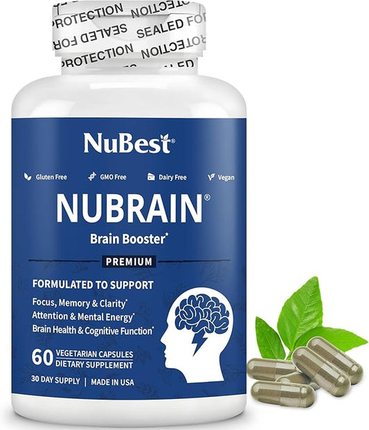 NuBrain Booster - Brain Supplement for Brain Booster, Memory, Focus & Clarity Support with St. John’s Wort, Ginkgo Biloba, Bacopa & More - Premium Nootropic Brain Supplement - 60 Vegan Capsules