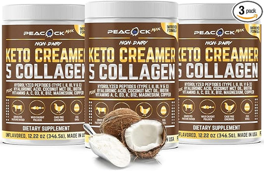 Collagen Keto Creamer Powder, Coconut MCT, Peptides, Unflavored, Hydrolyzed, B12, Magnesium (36.66 Ounces (Pack of 3))