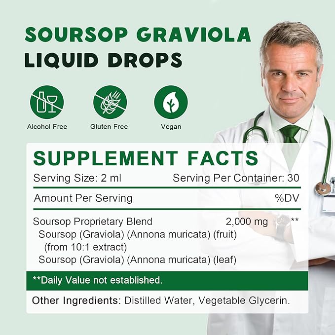 Soursop Graviola Liquid Drops 2000mg, Soursop Extract Organic Pure for Natural Antioxidant, Cell Support & Regeneration, Immune Boost, Soursop Bitters Liquid - Soursop Flavor- 1 FL OZ