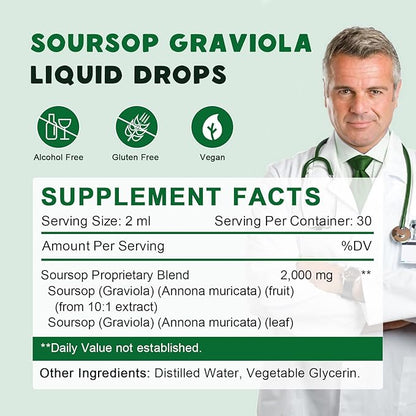 Soursop Graviola Liquid Drops 2000mg, Soursop Extract Organic Pure for Natural Antioxidant, Cell Support & Regeneration, Immune Boost, Soursop Bitters Liquid - Soursop Flavor- 1 FL OZ