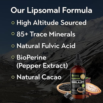Maxx Herb Pure Himalayan Shilajit – Liquid Liposomal Formula with Black Pepper BioPerine & Cacao - Energy Boost & Immune Support, 85+ Trace Minerals, 20% Fulvic Acid – 4 Oz Bottle (60 Servings)