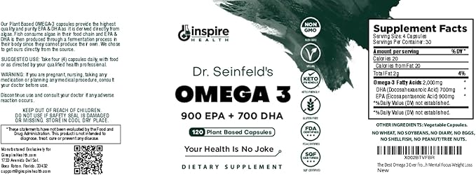 The Very Best Vegan Omega 3 Supplement - 120 Capsules - Algae Omega 3 Vegetarian Supplement - Plant Based Fish Oil Alternative - EPA DHA Supplement - Made in The USA - Heart Stress Relief Dr. Seinfeld