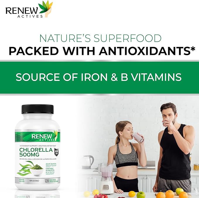Renew Actives Chlorella Capsules 500mg - Rich in Antioxidants & Nutrients - Natural Source for Cellular Health, Vitality, & Wellness - Made in Canada - 120 Easy-to-Swallow Vegan Capsules