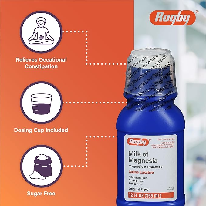 Rugby Milk of Magnesia Magnesium Hydroxide Saline Laxative - Stimulant-Free, Cramp-Free, Sugar-Free - Original Flavor -12 Fl Oz