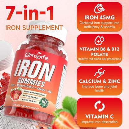 Iron Gummies for Women, Men & Kids, Sugar Free Iron Supplement with Calcium, Zinc, Folate & Vitamin B12, C, B6 - for Blood Building & Energy Support, Anemia, Strawberry, 120 Count