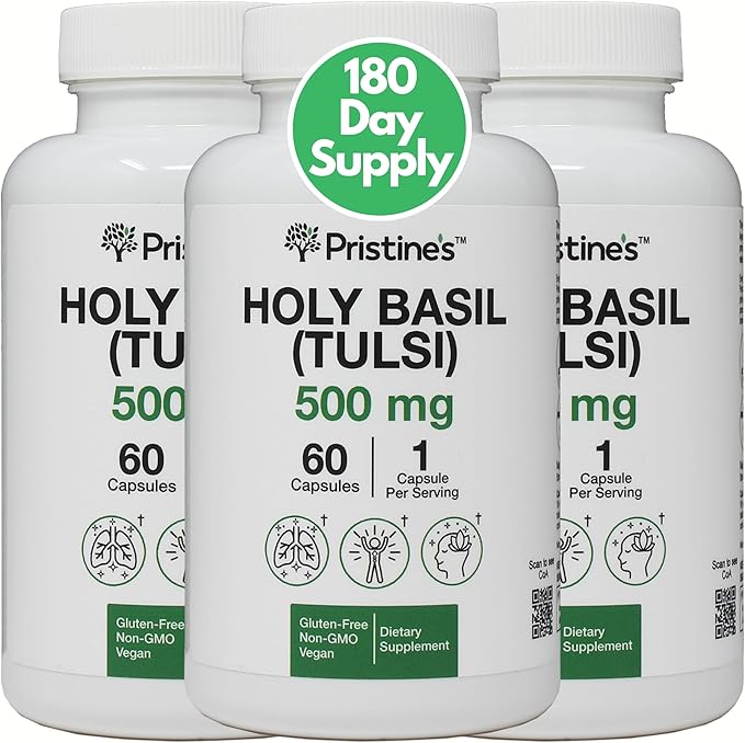 PRISTINE'S Holy Basil (Tulsi) 500 mg (3 Pack) Relaxation & Immunity Support Adaptogen Supplement - 180 Day Supply - Holy Basil Leaf Capsules - Vegan - Non-GMO - Gluten Free Supplements