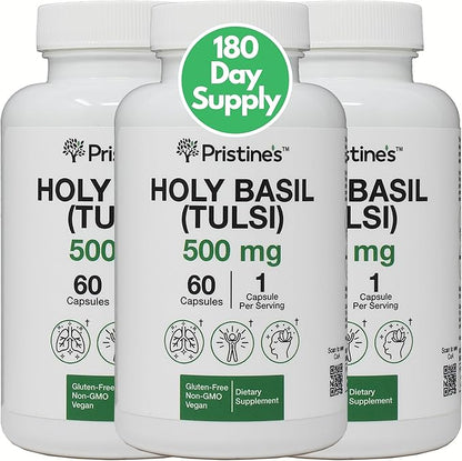 PRISTINE'S Holy Basil (Tulsi) 500 mg (3 Pack) Relaxation & Immunity Support Adaptogen Supplement - 180 Day Supply - Holy Basil Leaf Capsules - Vegan - Non-GMO - Gluten Free Supplements