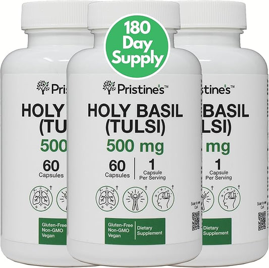 PRISTINE'S Holy Basil (Tulsi) 500 mg (3 Pack) Relaxation & Immunity Support Adaptogen Supplement - 180 Day Supply - Holy Basil Leaf Capsules - Vegan - Non-GMO - Gluten Free Supplements