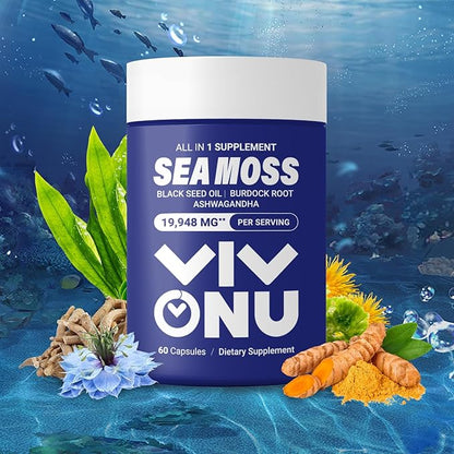 Sea Moss Black Seed Oil Ashwagandha Shilajit Ginger-Sea Moss Capsules withBurdock Turmeric Vitamins C & D3 Elderberry Ginger ACV Manuka Dandelion-Immune System,Skin,Energy Support