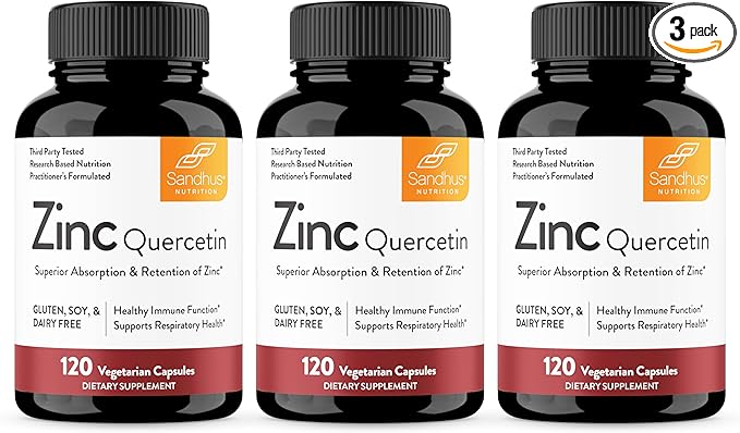 Sandhu’s Zinc Quercetin 120 Vegetarian Capsules (Pack of 3) – Zinc Supplements for Antioxidant Immune Support for Men and Women – Gluten, Soy, Dairy Free