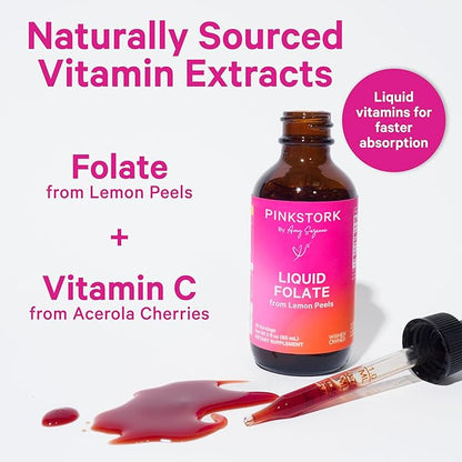 Pink Stork Liquid Folate: Whole-Food Vitamin B9 from Lemon Peels, Natural Folic Acid with Vitamin C, Liquid Prenatal Vitamins for Women, Pregnancy Must Haves, Women-Owned, 2 oz