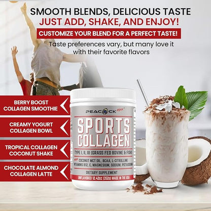 Sports Collagen Powder, 12.42 oz - Grass Fed Bovine & Wild Fish Hydrolyzed Type I, II, III Multi Collagen Peptides, Unflavored Protein Powder with BCAA, Magnesium & Electrolytes