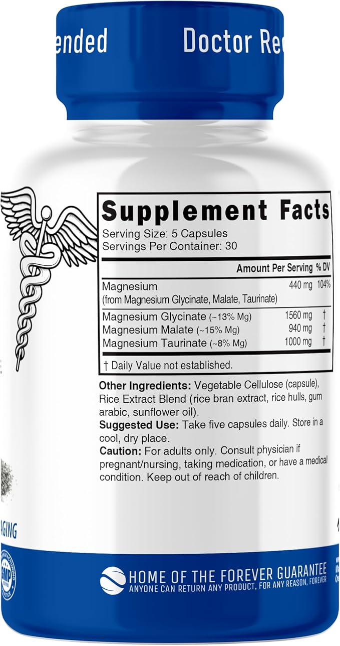 Nutri Triple Magnesium Complex 440mg - Magnesium Glycinate, Malate, & Taurinate - 100% Chelated for Maximum Absorption - 120 Vegan Capsules - Triple Complex Magnesium - Magnesio Triple Complex